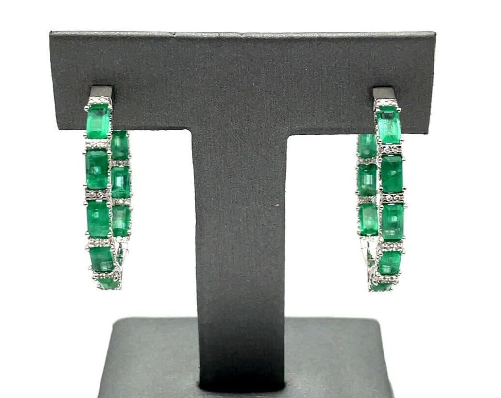 Natural 1.18ct Diamond and Emerald Hudson Hoop Earrings 14K