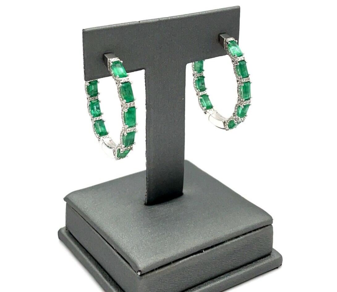 Natural .98ct Diamond and Emerald Hudson Hoop Earrings