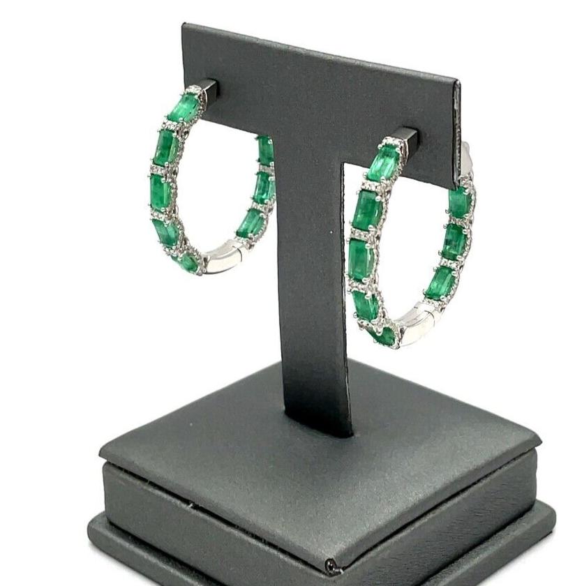 Natural .98ct Diamond and Emerald Hudson Hoop Earrings