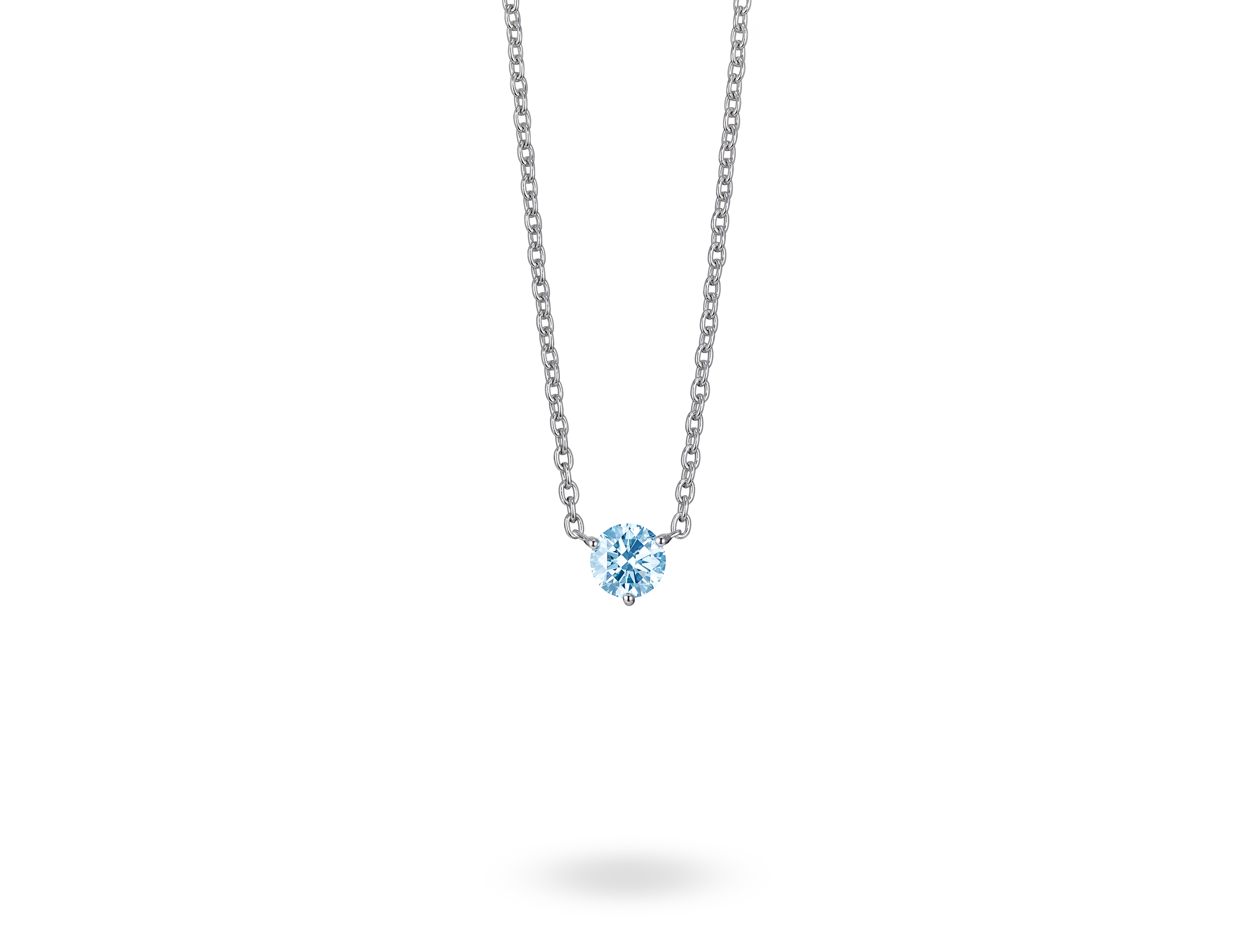 Front view of 0.5 carat blue round brilliant solitaire pendant in 14k white gold