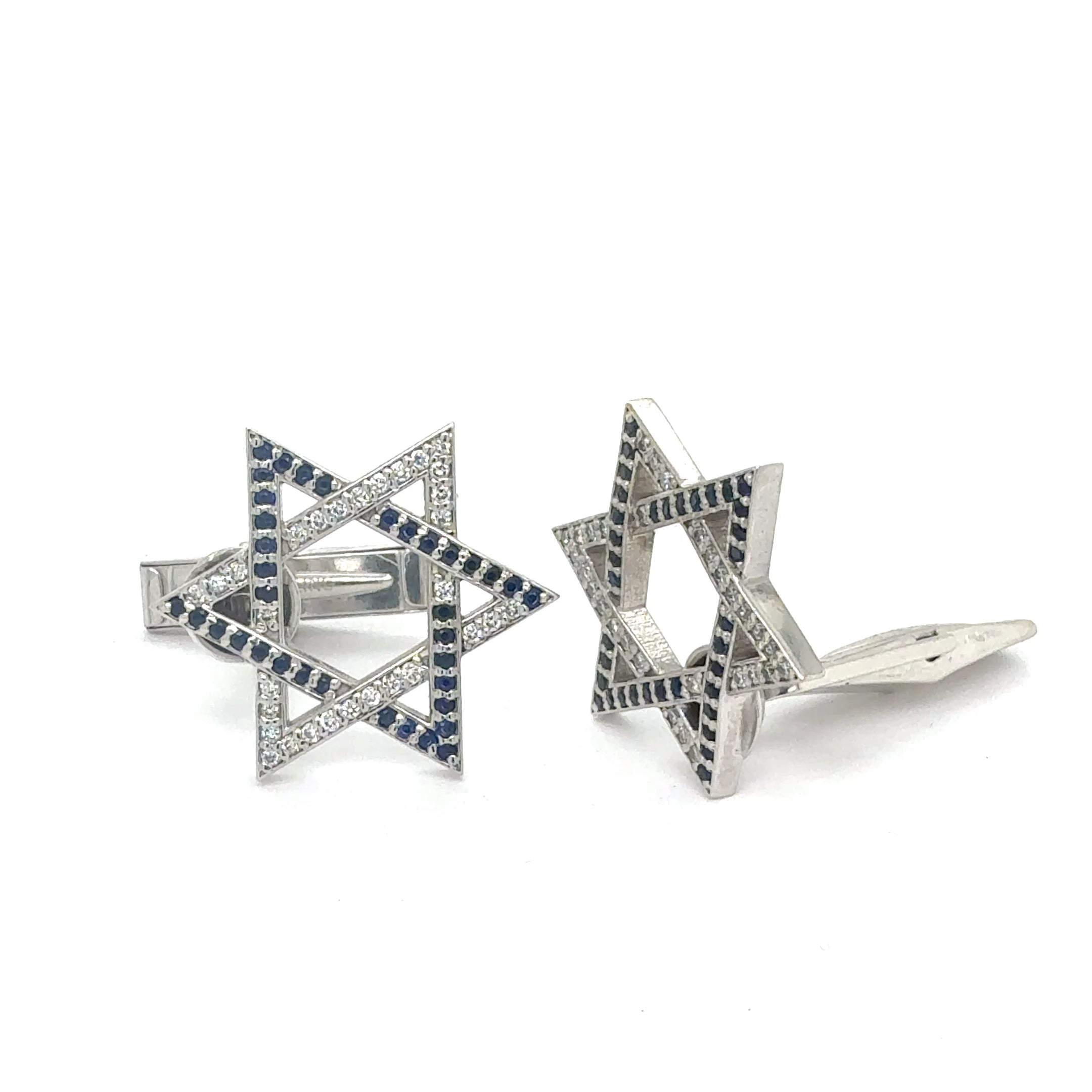 14k Gold 0.55ct Lab-Grown Diamond & Sapphire Magen David Cufflinks