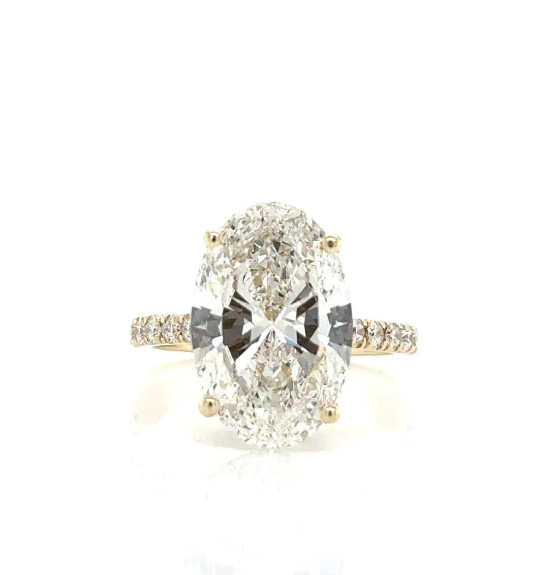 Lab-Grown 7.01ct Oval F VVS-2 Diamond Halo Engagement Yellow Gold Ring.