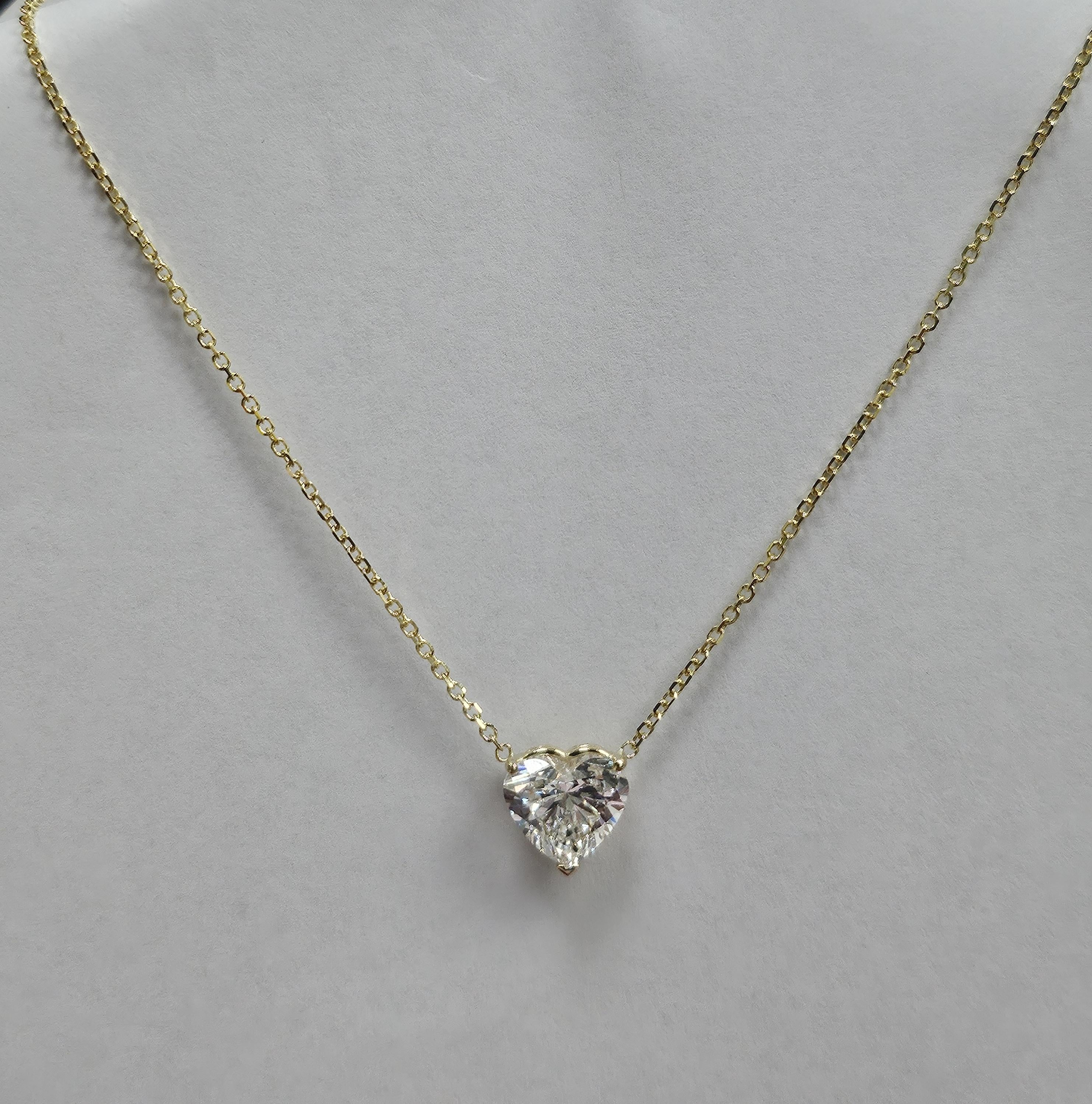 lab-grown 3.0 Carat Heart Shape Diamond 14K Yellow Gold Pendant Necklace.
