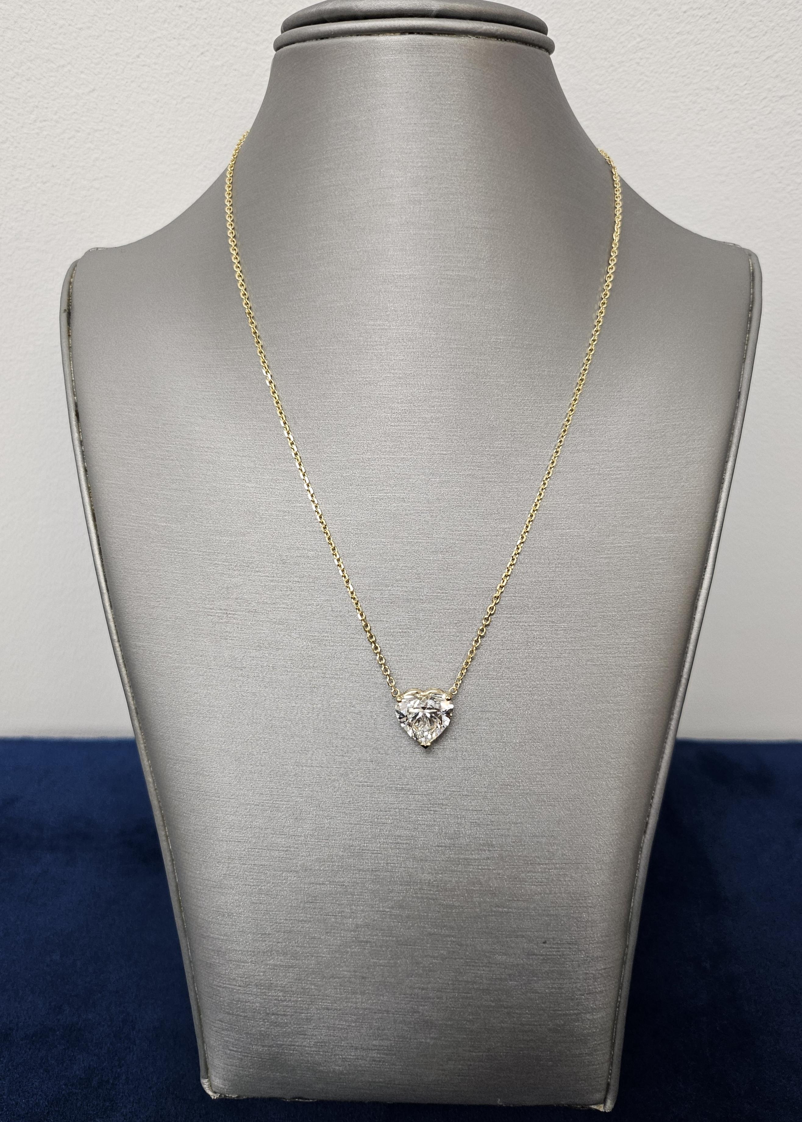 lab-grown 3.0 Carat Heart Shape Diamond 14K Yellow Gold Pendant Necklace.