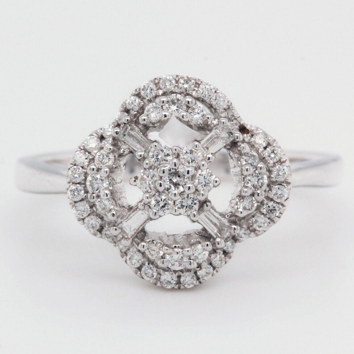 Natural Round Diamonds and Baguettes Rose Ring 0.37CT 18k White Gold