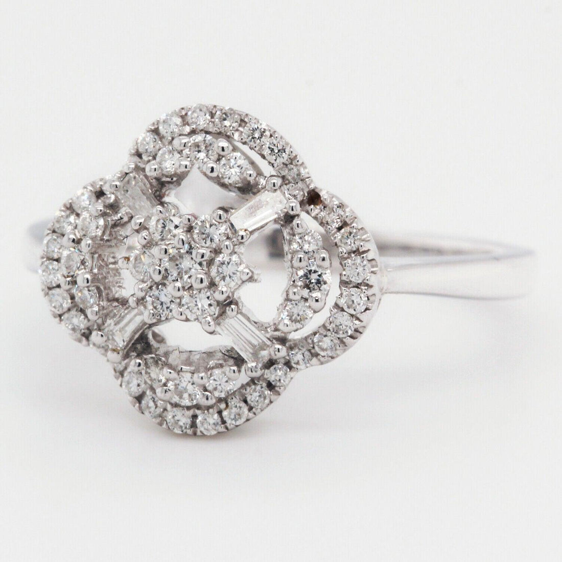 Natural Round Diamonds and Baguettes Rose Ring 0.37CT 18k White Gold