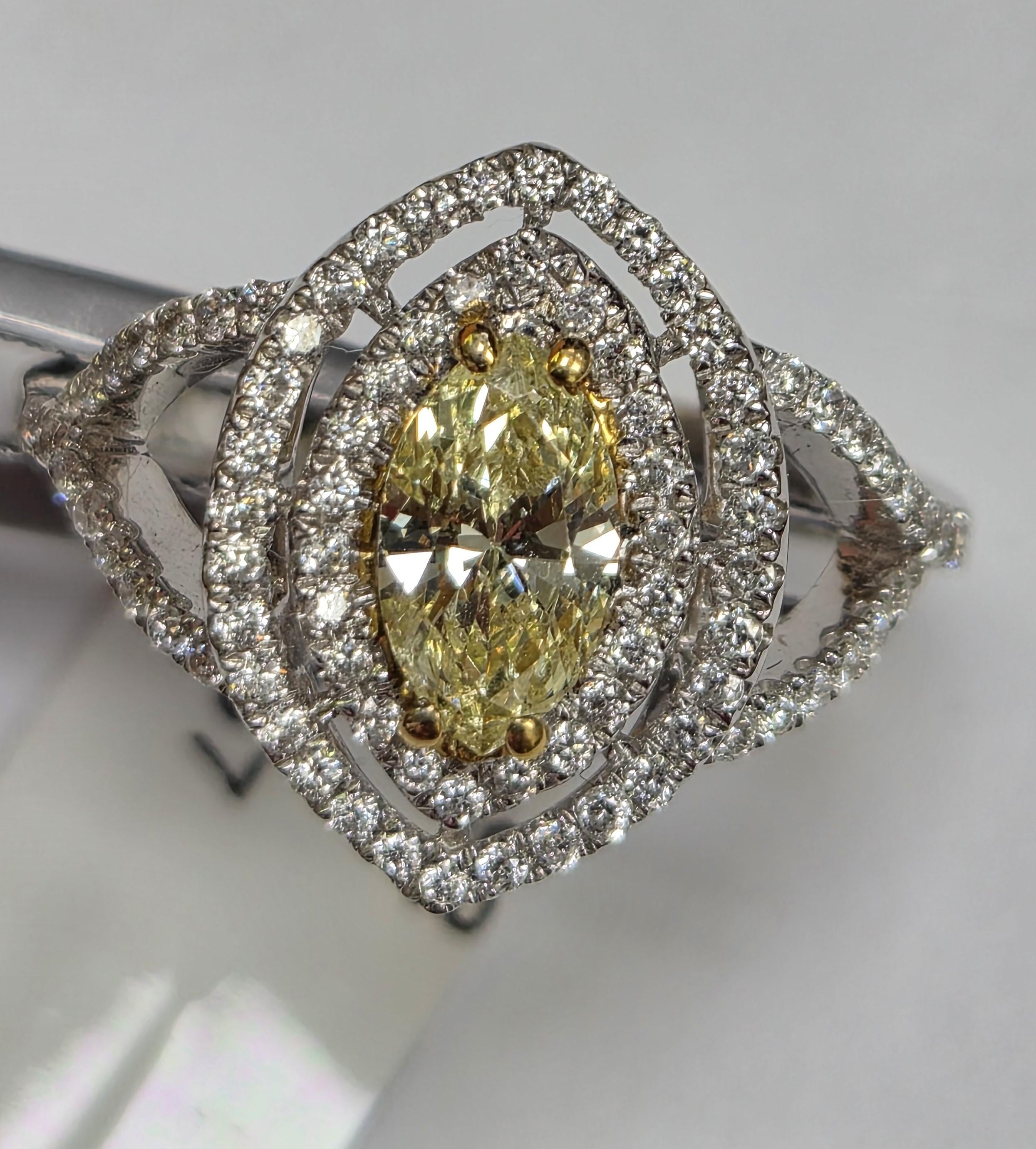 Fancy Yellow Diamond Double Halo Marquise Cocktail Ring 1.02 Tcw 18K White Gold